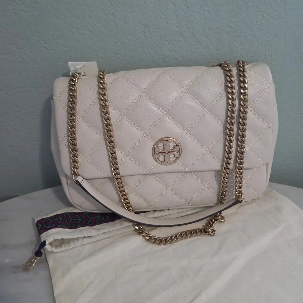 $678 Tory Burch Willa Quilted Cream Shoulder Bag Large In Brie